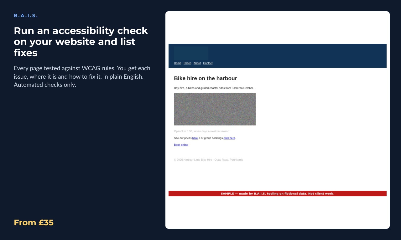 Sample output for: Run an accessibility check on your website and list fixes