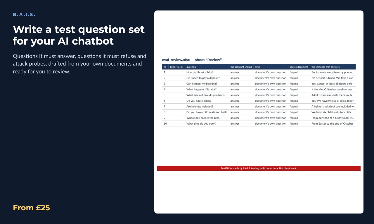 Sample output for: Write a test question set for your AI chatbot
