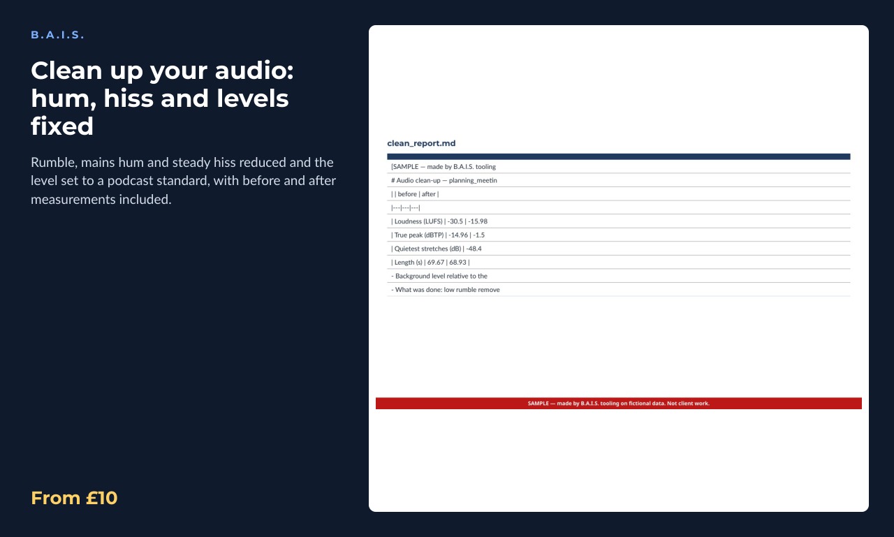 Sample output for: Clean up your audio: hum, hiss and levels fixed