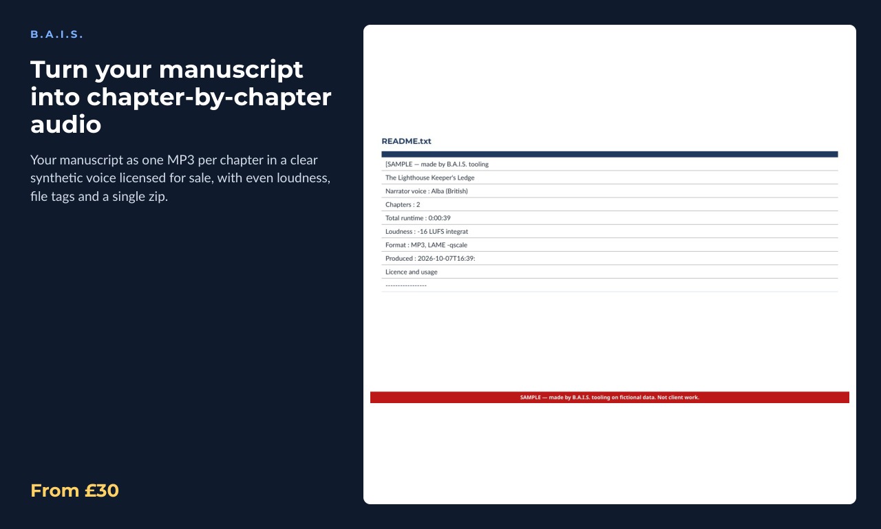 Sample output for: Turn your manuscript into chapter-by-chapter audio