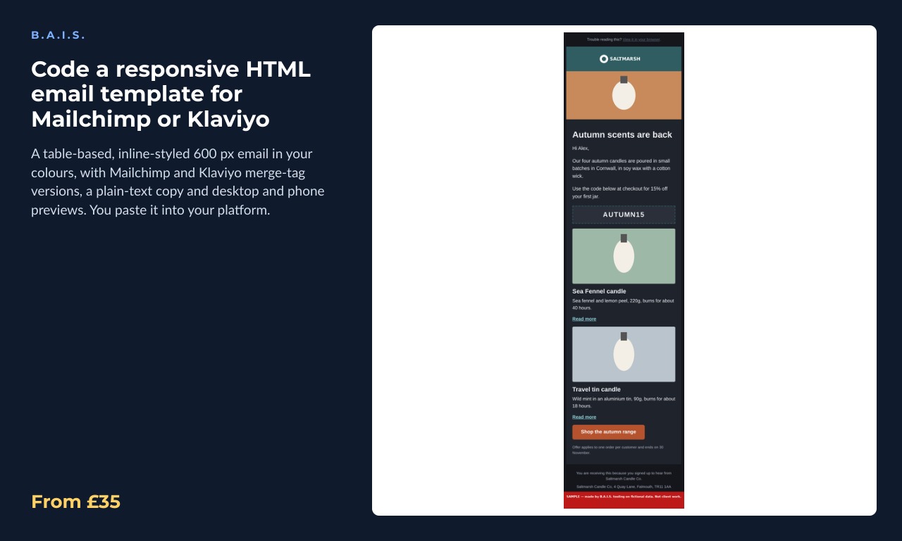 Sample output for: Code a responsive HTML email template for Mailchimp or Klaviyo