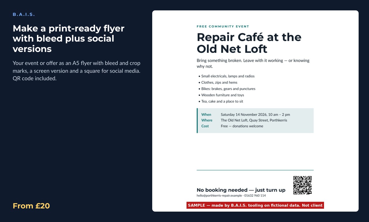 Sample output for: Make a print-ready flyer with bleed plus social versions