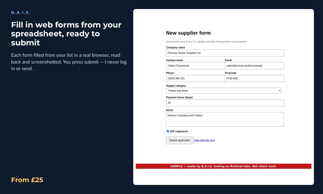 Sample output for: Fill in web forms from your spreadsheet, ready to submit