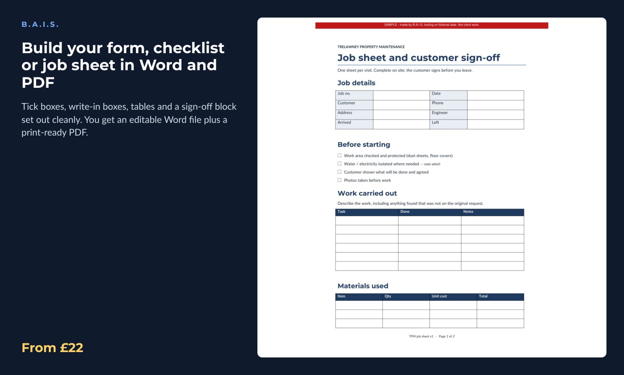 Sample output for: Build your form, checklist or job sheet in Word and PDF