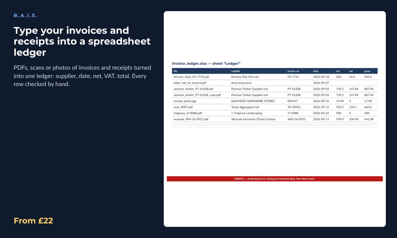 Sample output for: Type your invoices and receipts into a spreadsheet ledger