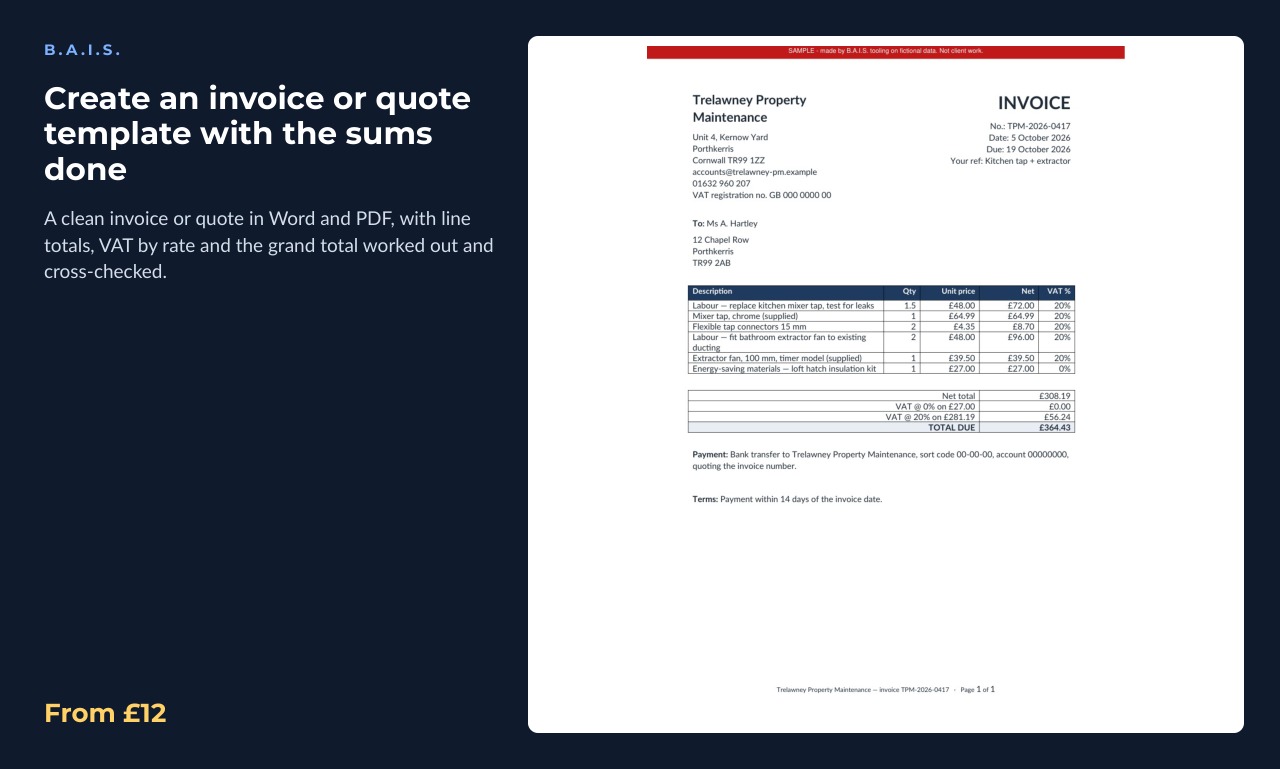 Sample output for: Create an invoice or quote template with the sums done