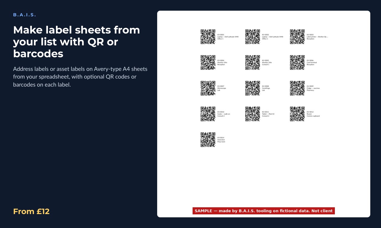 Sample output for: Make label sheets from your list with QR or barcodes