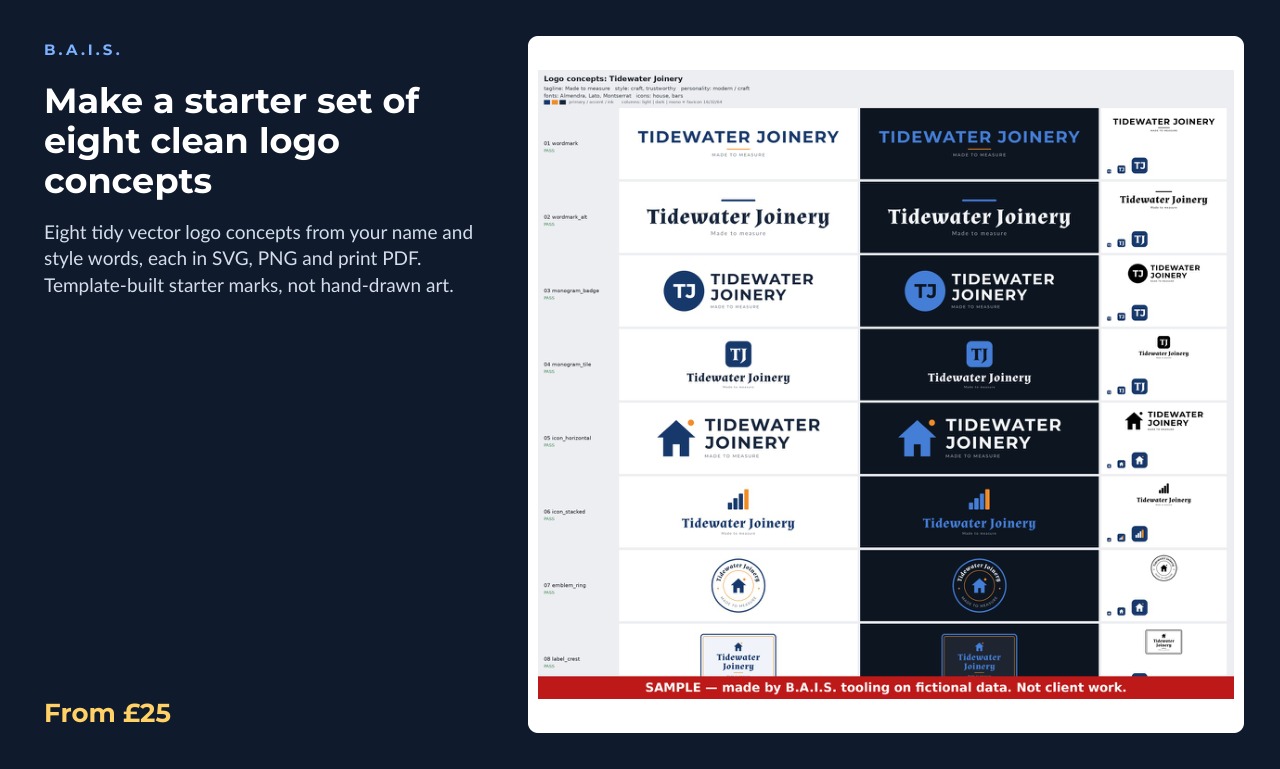 Sample output for: Make a starter set of eight clean logo concepts