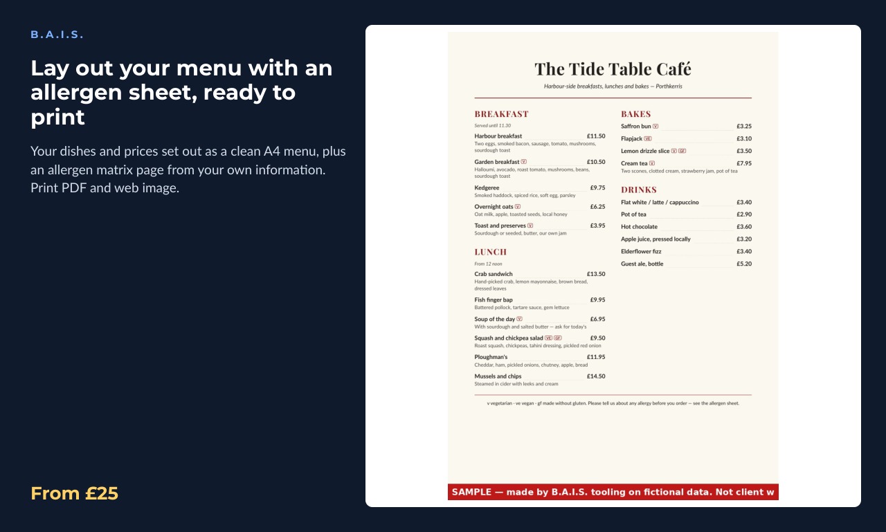 Sample output for: Lay out your menu with an allergen sheet, ready to print