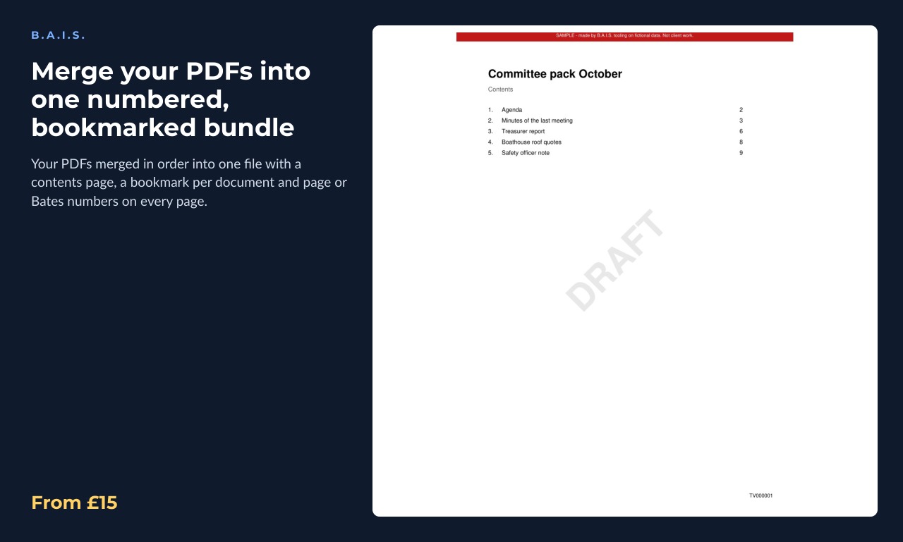Sample output for: Merge your PDFs into one numbered, bookmarked bundle