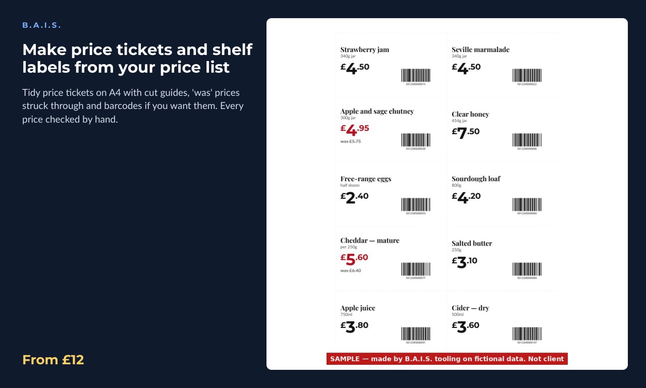 Sample output for: Make price tickets and shelf labels from your price list