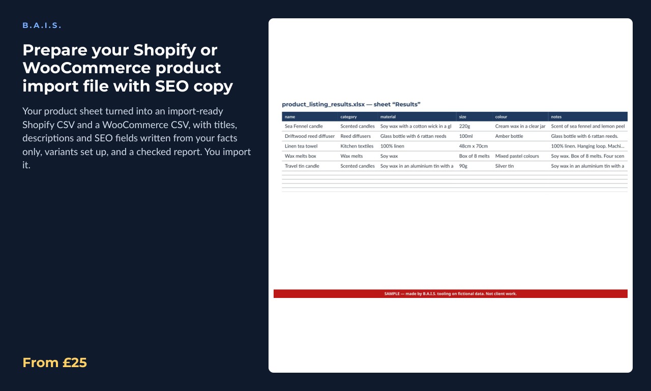Sample output for: Prepare your Shopify or WooCommerce product import file with SEO copy