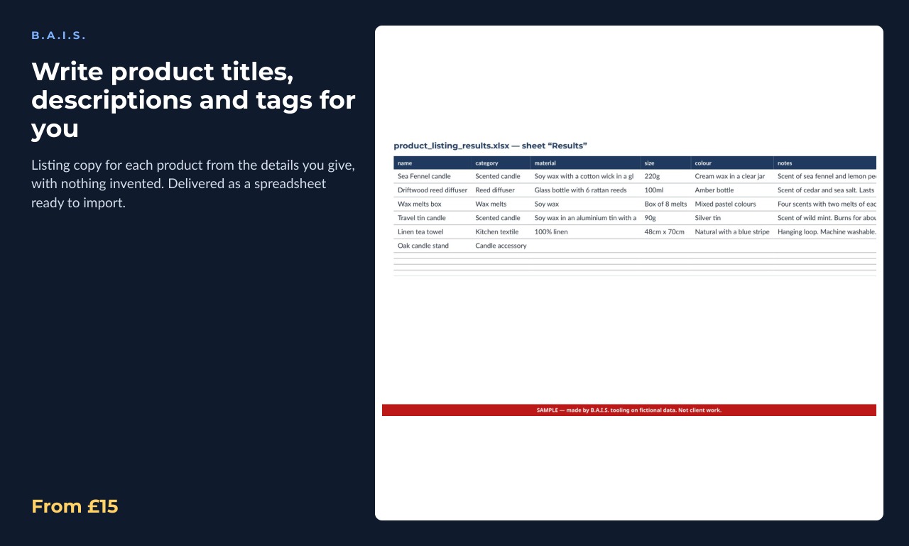 Sample output for: Write product titles, descriptions and tags for you