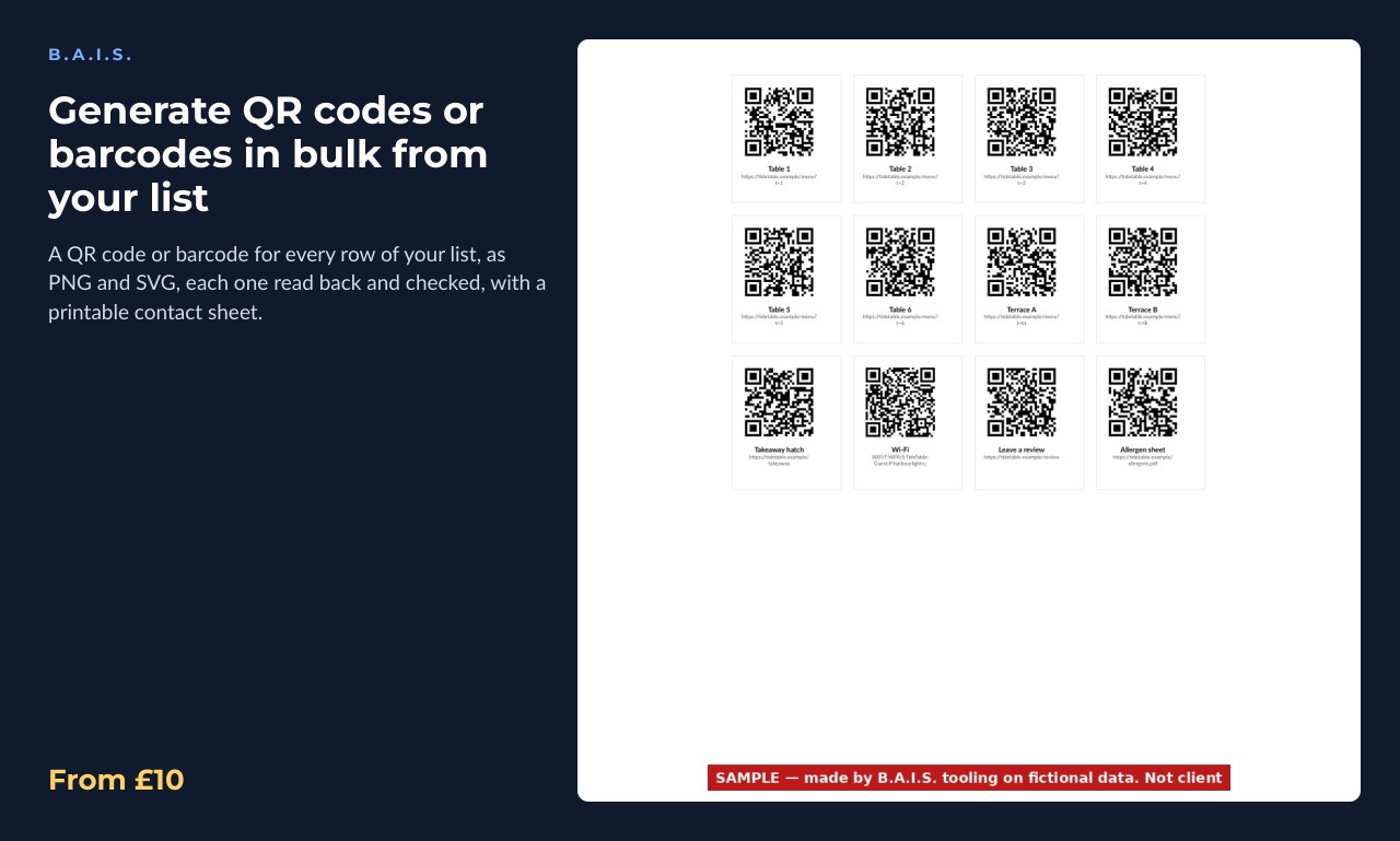 Sample output for: Generate QR codes or barcodes in bulk from your list