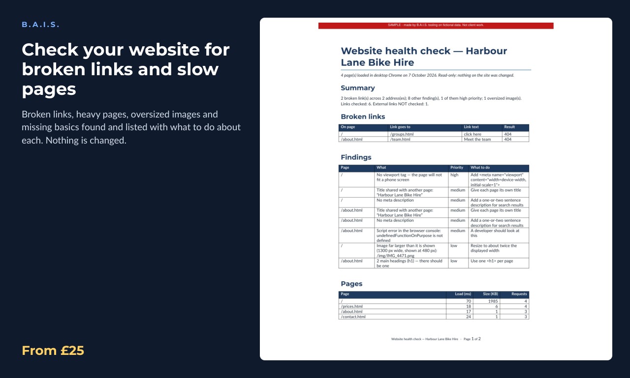 Sample output for: Check your website for broken links and slow pages