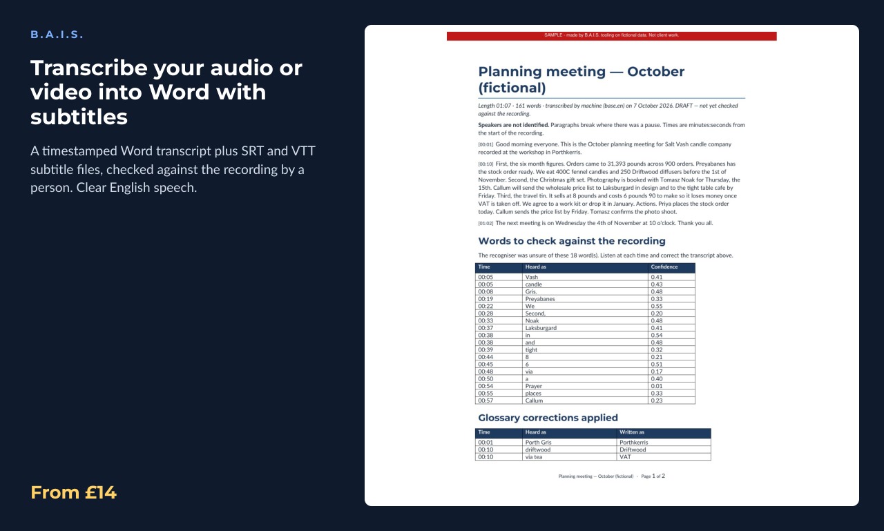 Sample output for: Transcribe your audio or video into Word with subtitles