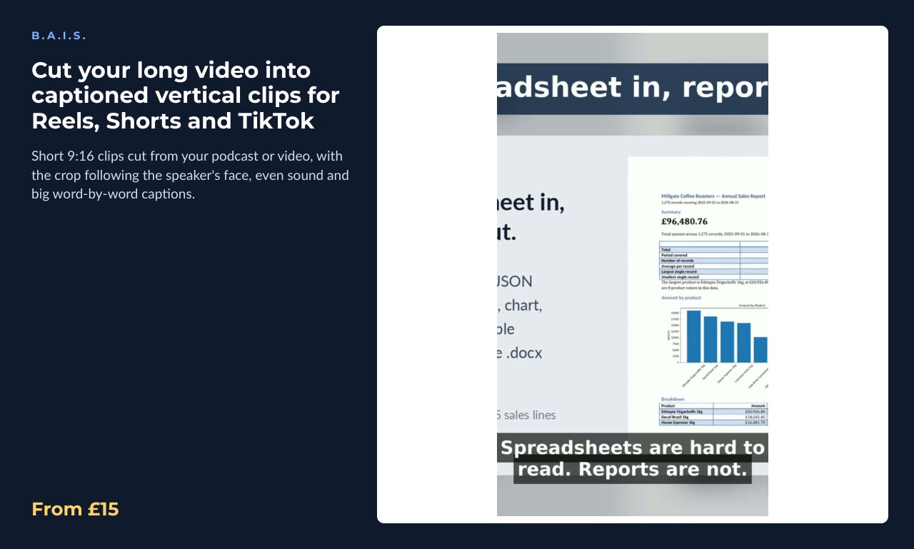 Sample output for: Cut your long video into captioned vertical clips for Reels, Shorts and TikTok